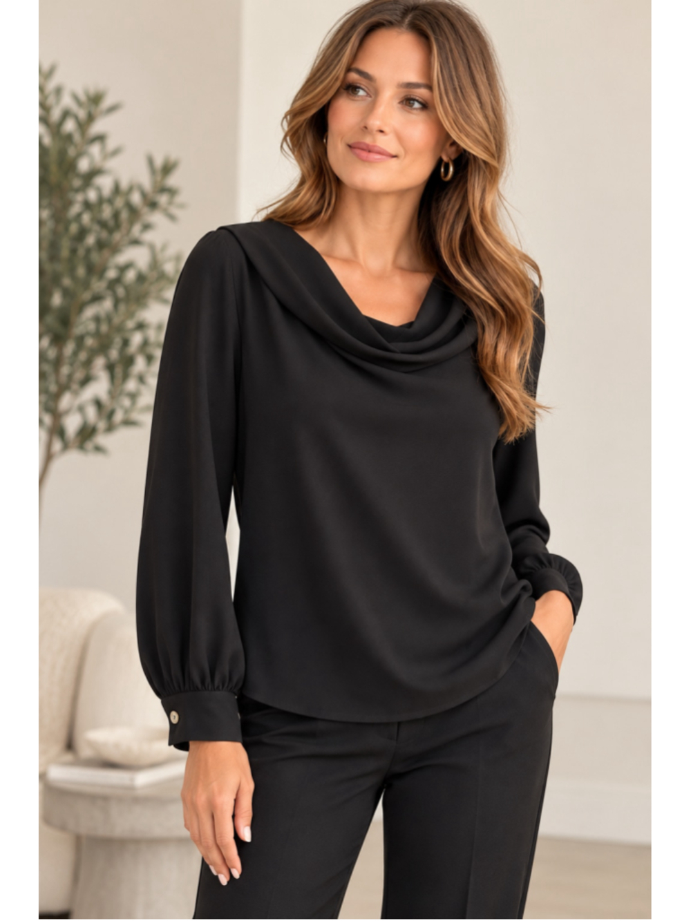 St. John Black Draped Cowl Neck Blouse Size 6 Long Sleeve Quiet Luxury